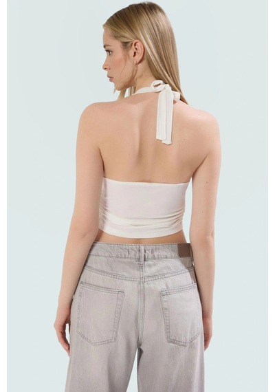 Ersefa Vücuda Oturan Boyundan Bağlamalı Crop Bluz Polyester Elastan Sand Ekru