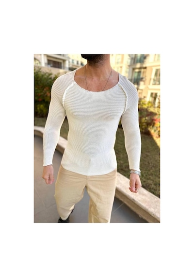 Elku Moda Kazak Slim Fit Triko Dar Kesim Geniş Yaka Yumuşak Dokulu Pamuklu Kazak Ekru