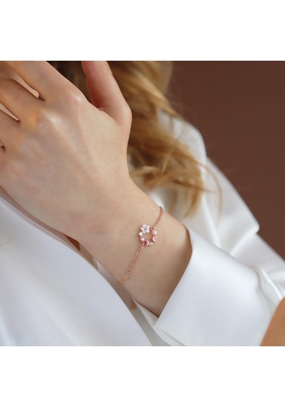 İnci Ve Çiçek Motifli Rose Gold Kaplama Gümüş Bileklik Gümüş