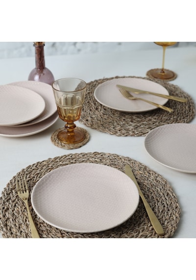 Keramika Kumlu Krem Rölyefli Pasta Tabağı 21 Cm 6 Adet Q32