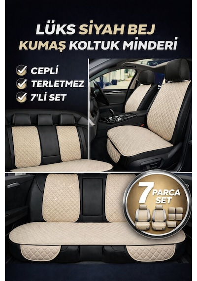 Tegin Üniversal Uyumlu Kumaş Koltuk Minderi Kapitone Desen Terletmez Yedili Set Bej