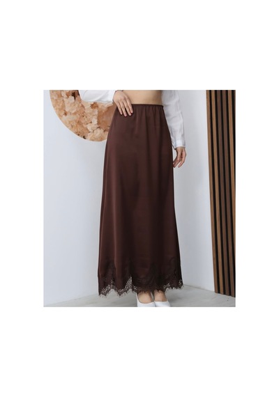 Moda Banuş Kahverengi Dantel Detay Saten Uzun Lastikli Etek Kahverengi Kahverengi