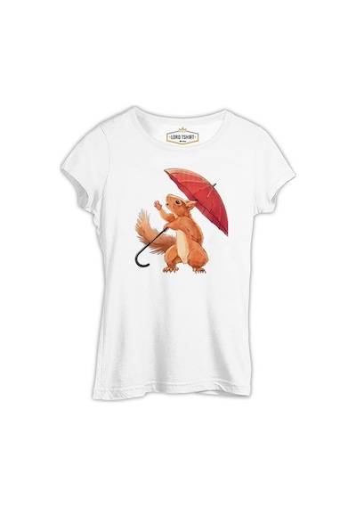 Cute Squirrel Holding An Umbrella Beyaz Kadın Tshirt 001