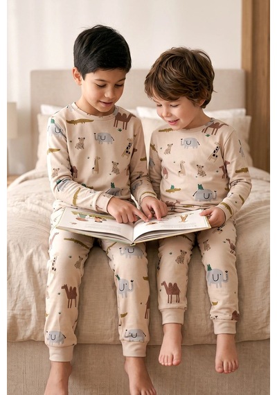 Zuzunga Erkek Çocuk %100 Pamuk Süprem Kumaş Uzun Kollu Mevsimlik Pijama Takımı Ekru Zuzunga Erkek Çocuk %100 Pamuk Süprem Kumaş Uzun Kollu Mevsimlik Pijama Takımı Ekru