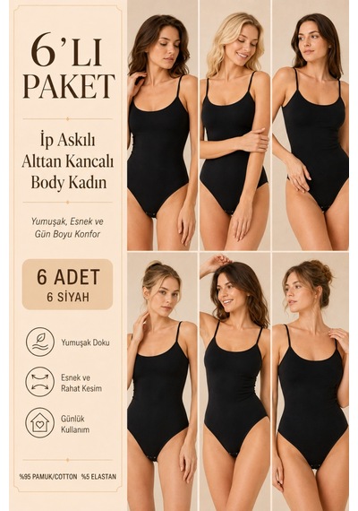 Loule Kadın 6'lı %95 Pamuklu İnce Askılı Alttan Kancalı Body Siyah