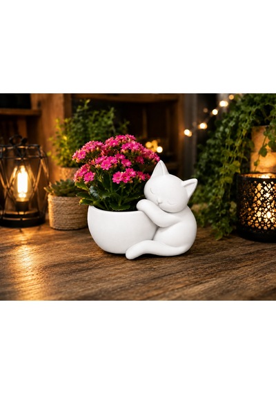 3d Baskı Sarılan Kedi Saksı - Sevimli Dekoratif Saksı - Beyaz -