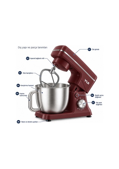 Yui M108 Easy Chef 1300 W 5 L Stand Mikser Hamur Yoğurma Makinesi Kırmızı