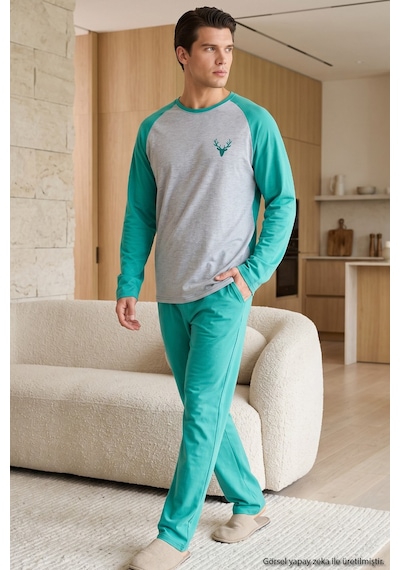 Siyah İnci Nakışlı Pamuklu Likralı Örme Pijama Takım 26241802 Yeşil