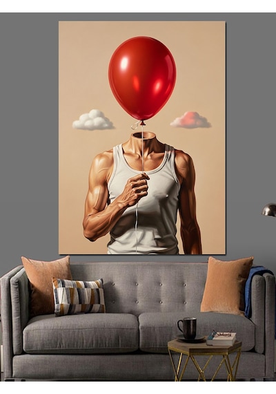 Ahşap Tablo Kırmızı Balon Kafalı Genç Adam İllüstrasyonu