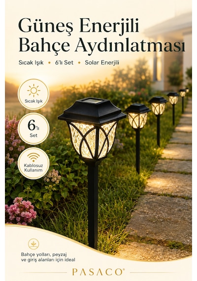6'lı Set Solar Güneş Enerjili Bahçe Yürüyüş Yolu Peyzaj Dekoratif Led Aydınlatma