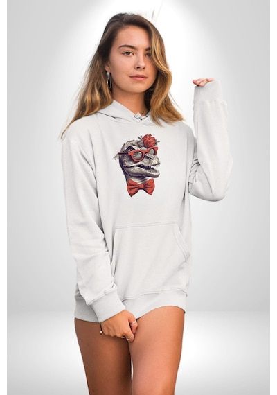 Kırmızı Gözlük Papyon Dinazor Kadın Erkek Beyaz Kapüşonlu Sweatshirt Hoodie Beyaz