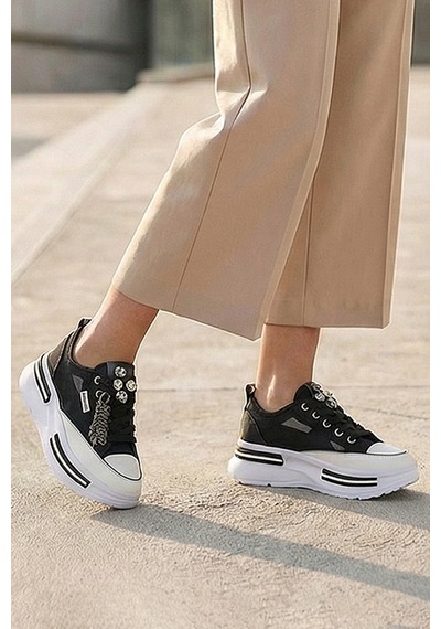 Tw Tonny White Tokyo - 172 Tül Detaylı Keten Sneakers Topuk Boyu 5cm Siyah