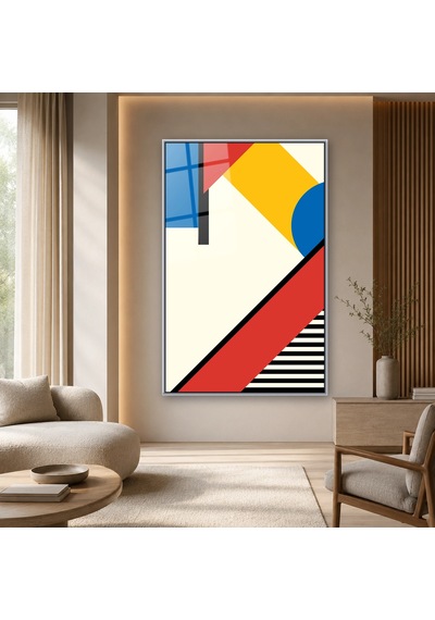 Kırmızı Mavi Sarı Bauhaus Blokları Gümüş Çerçeveli Cam Tablo