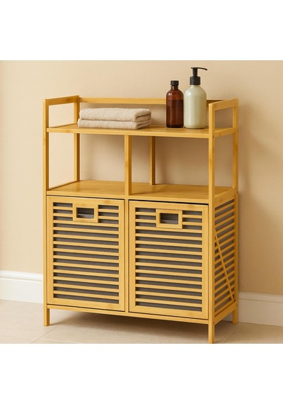 Bambu 2 Kapaklı 240 Lt Çamaşır Dolabı Çamaşır Sepeti Banyo Düzenleyici 90x82,5x33 Cm Açık Raflı Çok Amaçlı Depolama Çok Renkli