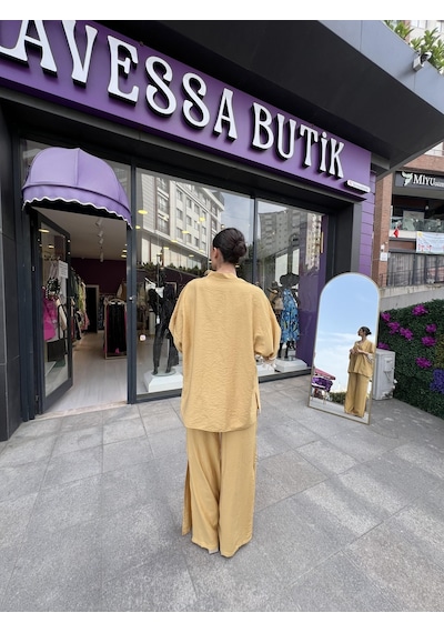 Kol Detaylı Salaş Keten Kimono Safran Sarısı-101 Bej