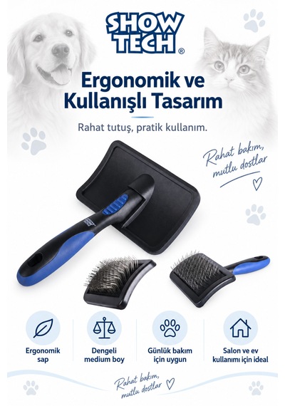 Showtech Universal Sert Ve Çift Pinli Kedi Köpek Kıtık Açıcı Fırça Orta Boy