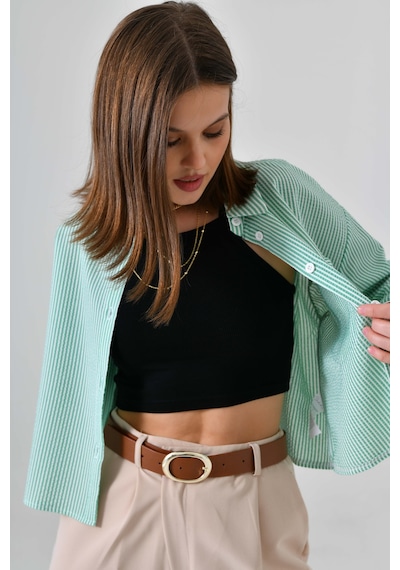 Saade Yeşil Çizgili Crop Gömlek Mavi