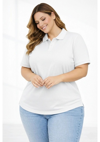 Novalisse Kadın Battal Beden Tişört Polo Yaka Pike Kumaş Kısa Kol T-shirt - Beyaz Çoklu Renk