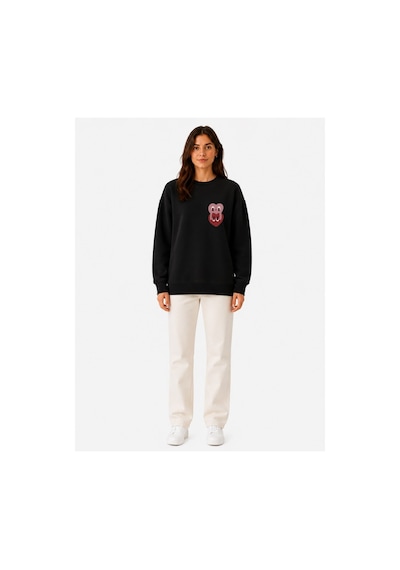 Herkesemoda Karakter Baskı Detaylı Şardonlu 2 İplik Bisiklet Yaka Sweatshirt Siyah