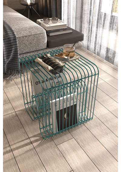 Santorini Tel Metal Tasarımlı Modern Paslanmaz Yan Sehpa, Dekoratif Metal Sehpa Boz Turkuaz