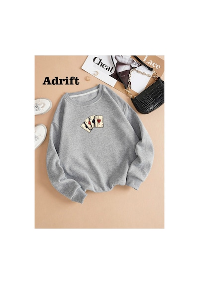 Tarzsokak İskambil Renkli Oversize Bisiklet Yaka Pamuklu Sweatshirt Gri