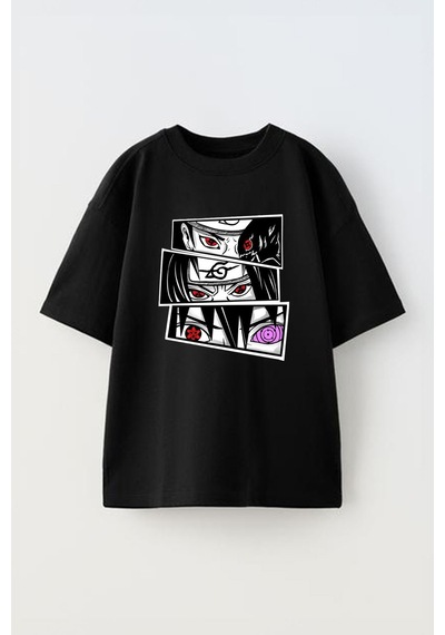 Thewert Unisex Uchiha Eyes By Feringrh Tasarım Baskılı Pamuk Sıyah Oversize T-shirt Siyah