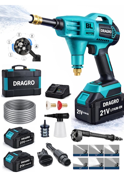 Dragro Drg-21vm - 21v M Kömürsüz Yüksek Basınçlı Şarjlı Oto Araba Bahçe Yıkama Makinesi Çift Akülü