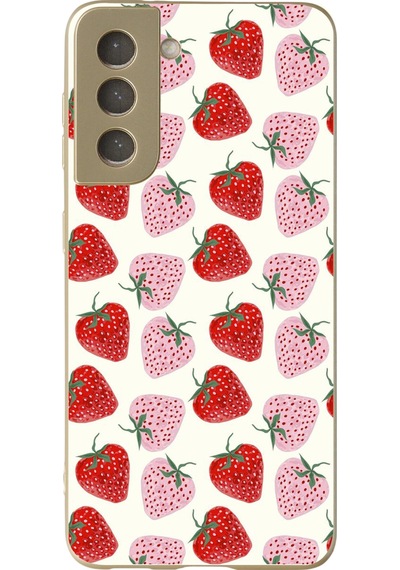 Samsung Galaxy S21 Fe Uyumlu Kırmızı Pembe Çilekler Baskılı Silikon Kılıf Renkli