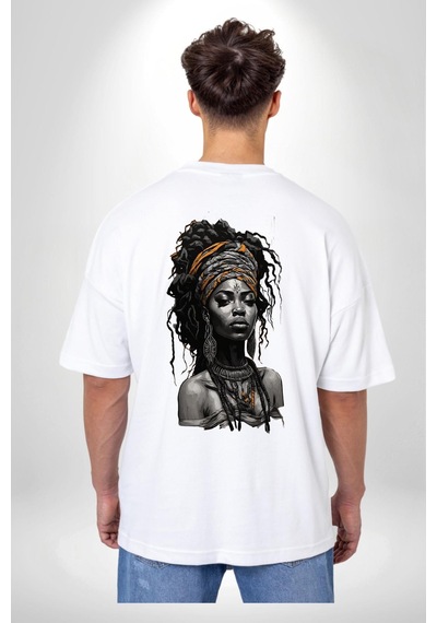Afrikalı Kadın Sanat Siyahi Beyaz Oversize Unisex Ön Ve Sırt Baskılı Tişört Beyaz