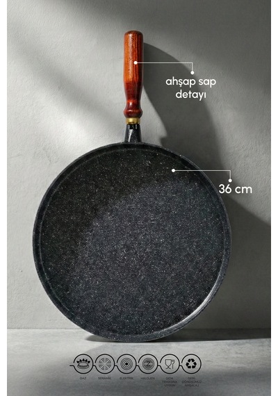 Granito Bazlama Ve Gözleme Tavası - Ahşap Saplı - 36 Cm Sıyah Siyah