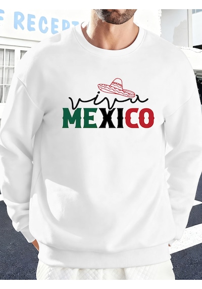 Startmore Startmoremeksika Yaratıcı Harf Baskılı Günlük Sokak Giyimi Erkek Polar Yüksek Bel Sweatshirt Spor Bisi Beyaz