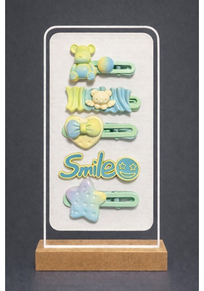Kız Çocuk 5 Li Toka Seti Sevimli Ayıcık, Kalp, Yıldız Ve Smile Figürlü Renkli Saç Tokası Yeşil