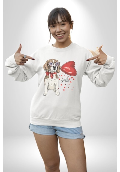 Poodle Ve Beagle Sevililer Günü Hediyesi Unisex Beyaz Baskılı Sweatshirt Beyaz