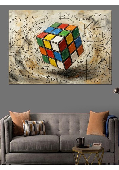 Sanatsal Arka Planda Rubik Küpü Dekoratif Kanvas - Mdf Ahşap Tablo