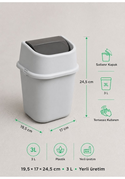 Gri Çöp Yut Tezgah Üstü Çöp Kovası 3 L - Inox Ve Gri Mutfak Uyumlu Mini Sallanır Kapak Çöp Kutusu