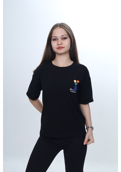 Toontoy Kids Toontoy Kız Çocuk Baskılı Bisiklet Yaka Düşük Omuz Kısa Kollu Tişört 24974 Siyah