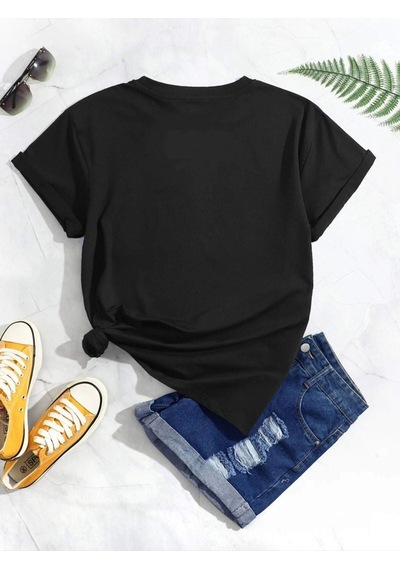 Flood Of Style Kadın Siyah Cherry Baskılı Bisiklet Yaka Tshirt