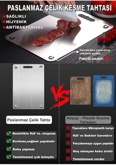 2 Adet Büyük Boy-paslanmaz Çelik Kesme Tahtası- Aayaklı-304 Metal