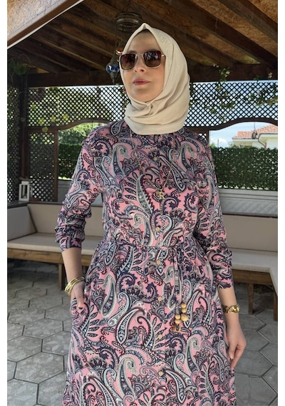 Rabia Şamlı Rengin Şal Desenli Gömlek Elbise Pembe Normal