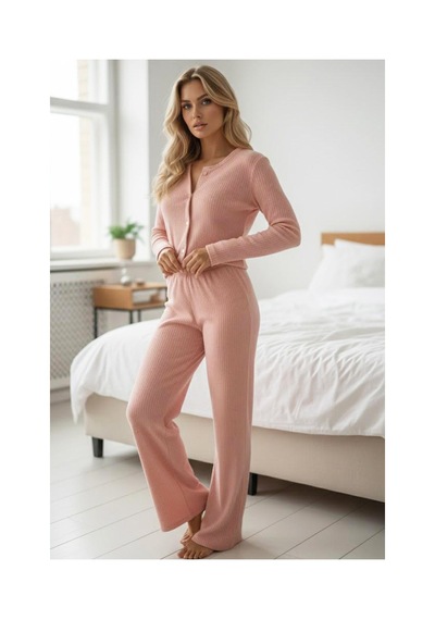 Siyah İnci Fırçalı Yumuşak Dokulu Fitilli Kaşkorse Örme Düğmeli Hırka Pijama Takım Somon