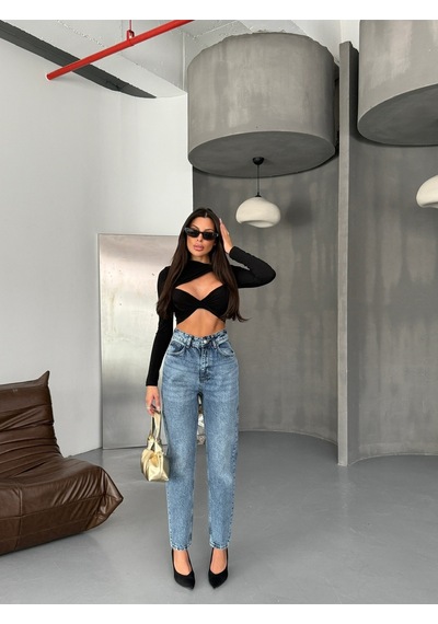 Yüksek Bel Buz Mavisi Mom Jeans Mavi