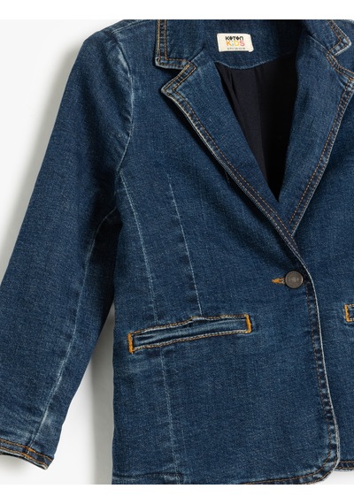 Koton Pamuklu Uzun Kollu Cep Detaylı Kruvaze Yaka Denim Ceket Koyu İndigo 5skg20023ad Dark Indigo Koyu İndigo