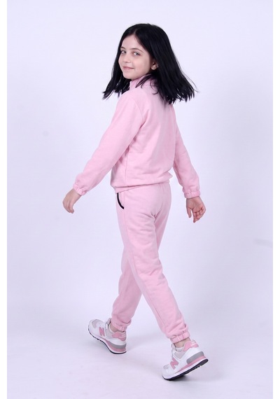 Panios Kids Kız Çocuk Dik Yaka Fermuarlı Beli Bağcıklı Lastik Paça Eşofman Takımı Pembe