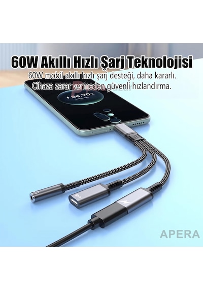 Type-c 3'ü 1 Arada Ses Ve Şarj Adaptörü 60w Hızlı Şarjlı 3.5mm Aux Ve Type-c Kulaklık Girişli Aynı Anda Şarj Ve Müzik Çoğaltıcı Cr96