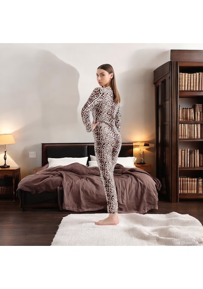 Kadın Giyim Kahve Leopar Desen Düğmeli Tulum - Pamuklu Örme Ev Giyim - Pijama Kahve Leopar Çok Renkli