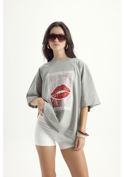 Mai Studios Co. Lip Print Oversize Gri T-shirt Gri