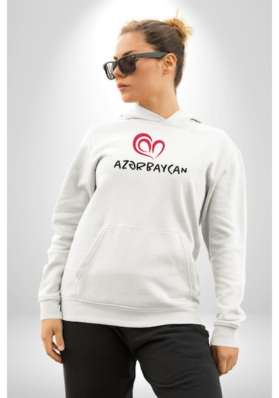 Azerbaycan Seviyorum I Love Azarbaycan Kadın Erkek Beyaz Kapüşonlu Sweatshirt Hoodie Beyaz
