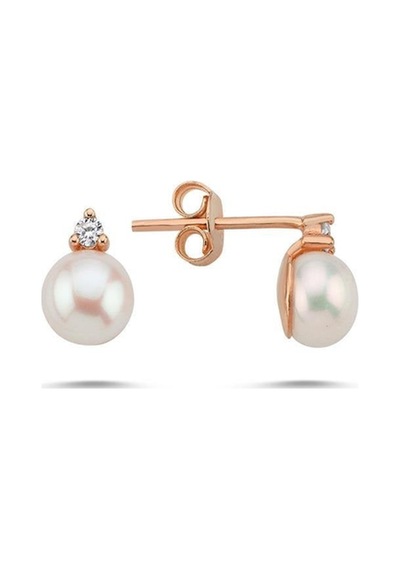 8,5 Mm Doğal İncili 1,52 Karat Pırlantalı Küpe Rose Gümüş