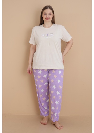 Wordex Mirano 4504 Yıldız Desenli Kısa Kollu Pamuklu Penye Büyük Beden Kadın Pijama Takımı Bej Wordex Mirano 4504 Yıldız Desenli Kısa Kollu Pamuklu Penye Büyük Beden Kadın Pijama Takımı Bej