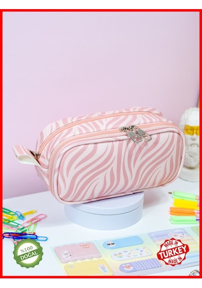 Kalem Kutusu Oval Tasarım İki Bölmeli Zebra Pembe Temalı Vegan Deri Kalemlik Onesize